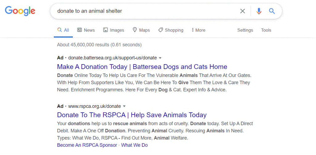 Google ads for animal charities